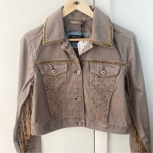 S - Custom Denim Jacket- Rhinestone Western Cowgirl Fringe Studded